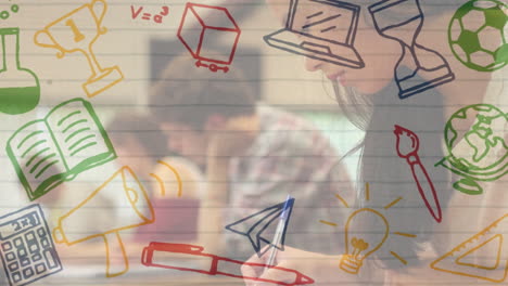 iconos del concepto de la escuela sobre papel con líneas blancas contra una estudiante asiática que estudia en la universidad