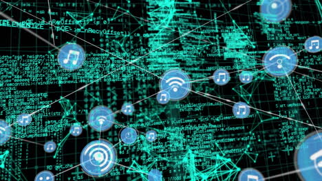 animación de la red, iconos musicales que conectan puntos con el procesamiento de datos en la interfaz digital