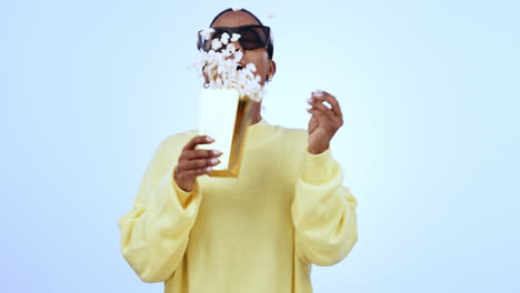 cara, gafas 3d y mujer negra con palomitas de maíz