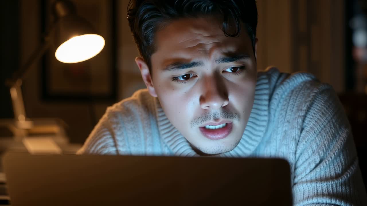 Leaning man reading laptop screen at home study, sweater, blue screen glow, warm lamp, working late