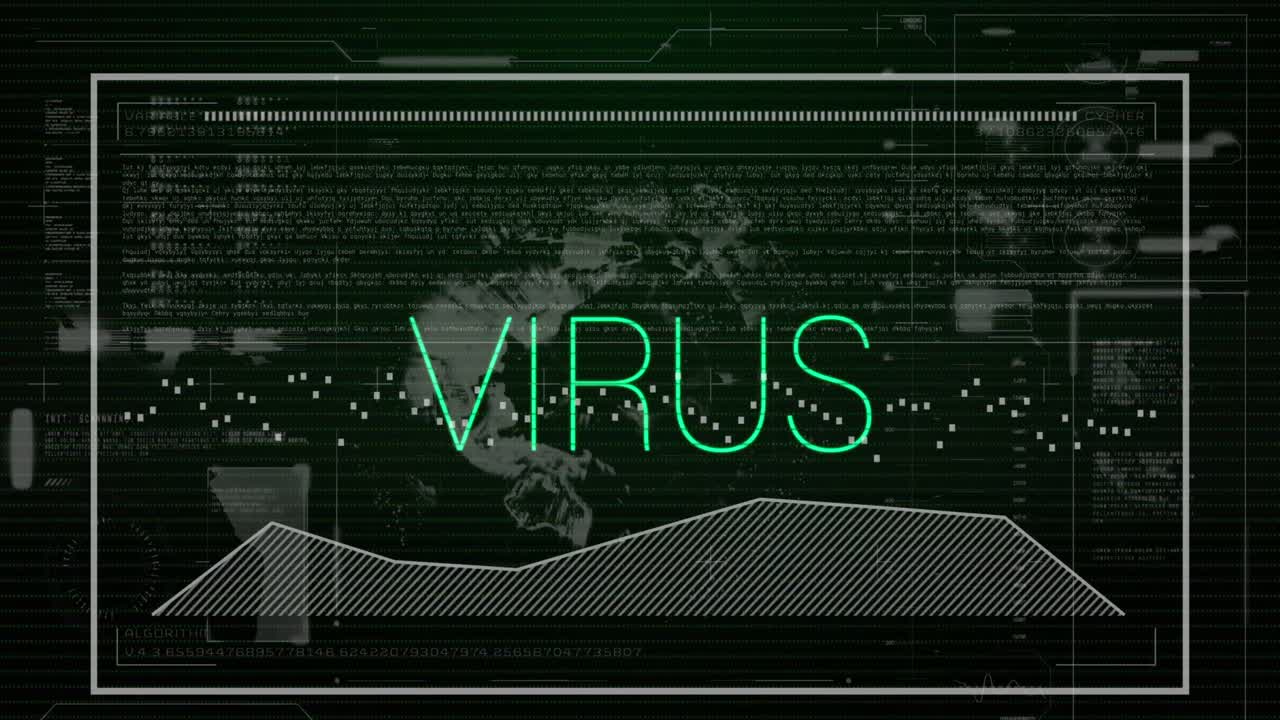 animación del texto del virus, estadísticas y procesamiento de datos.