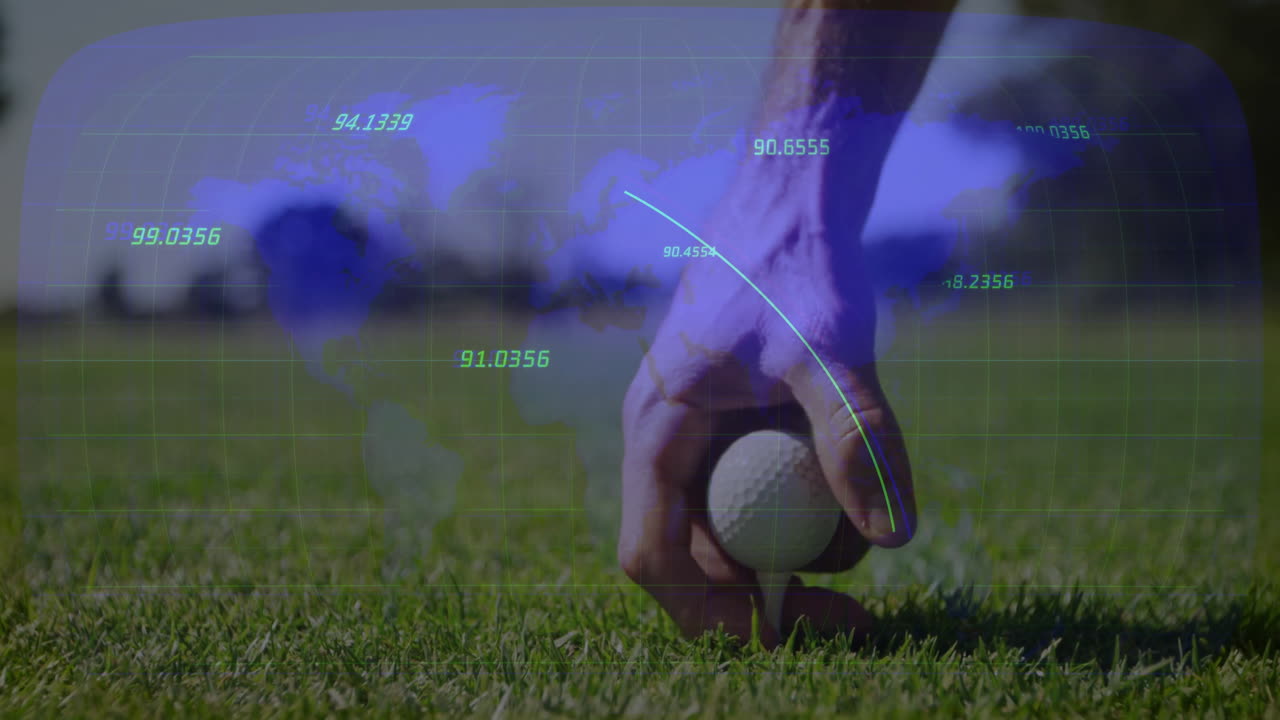 Golf player placing golf ball onto tee on manicured grass, showing global trajectory data overlay