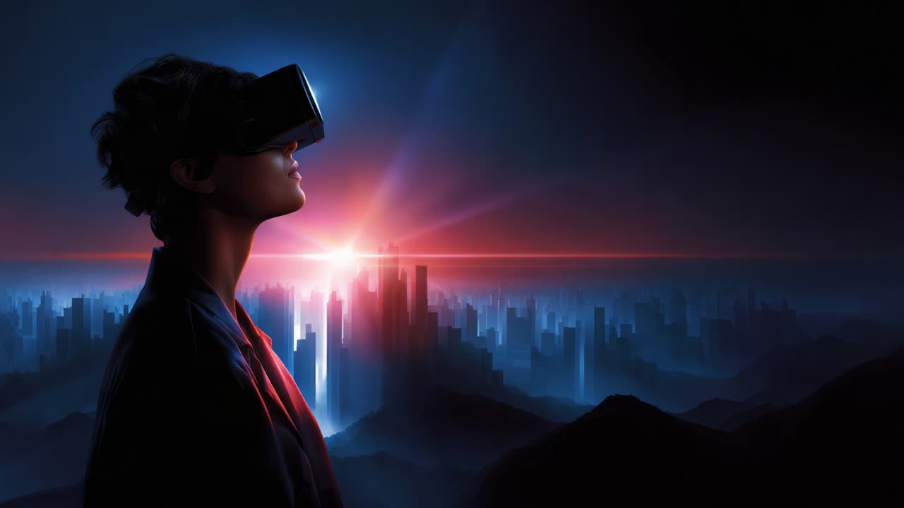 Exploring Digital Frontiers: A Journey Into Virtual Reality with a User Engaged in Immersive Experiences Against a Stunning Neon Cityscape at Dawn