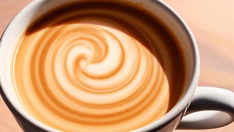 top-down view of a latte with a swirling pattern. the video captures the smooth, creamy texture