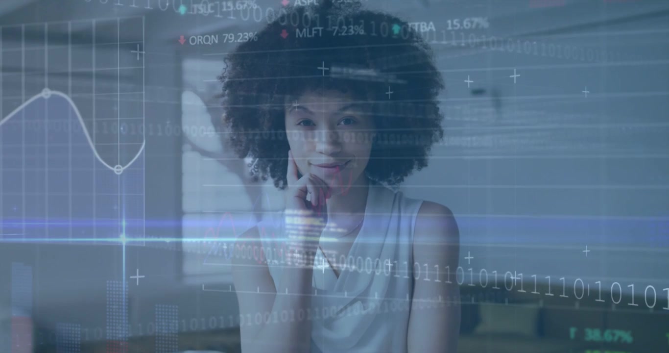 Chart overlays appearing, sweeping frame, woman holding chin in living room, analyzing tech data
