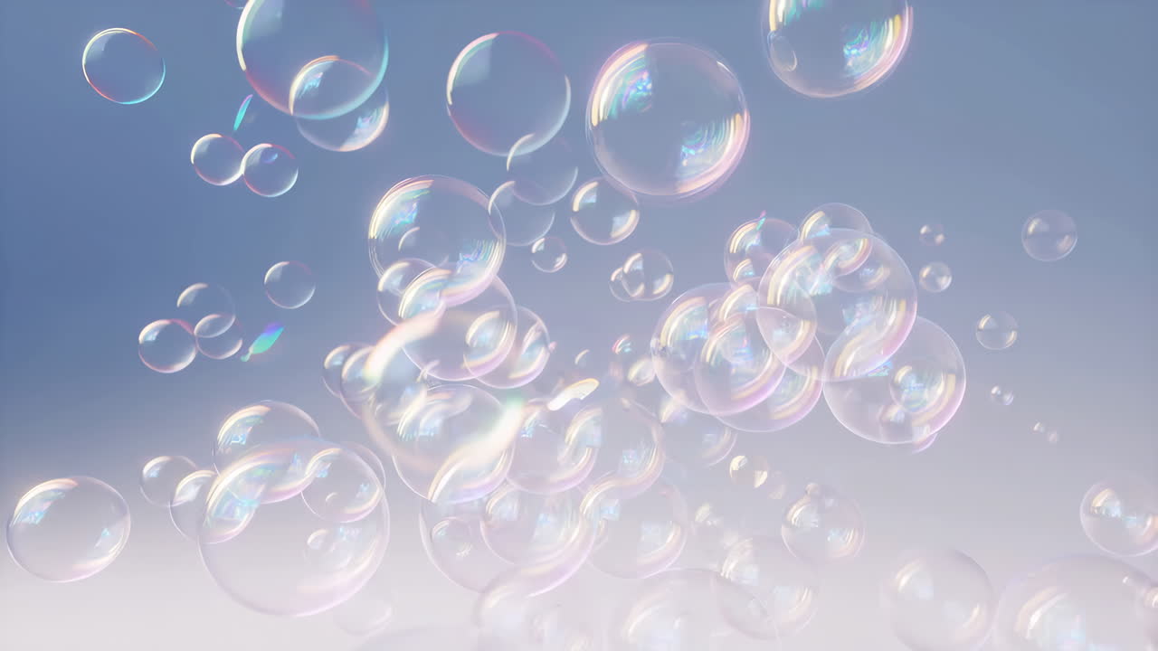 Floating Iridescent Soap Bubbles against a Light Sky Background