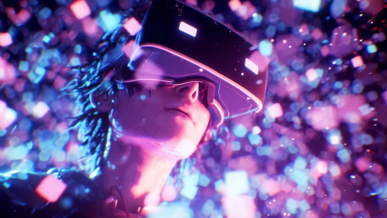 Immerse Yourself in a Dazzling Virtual Reality Experience with a Futuristic User Wearing Advanced VR Headgear Surrounded by a Vibrant Display of Colorful Light Particles and Effects