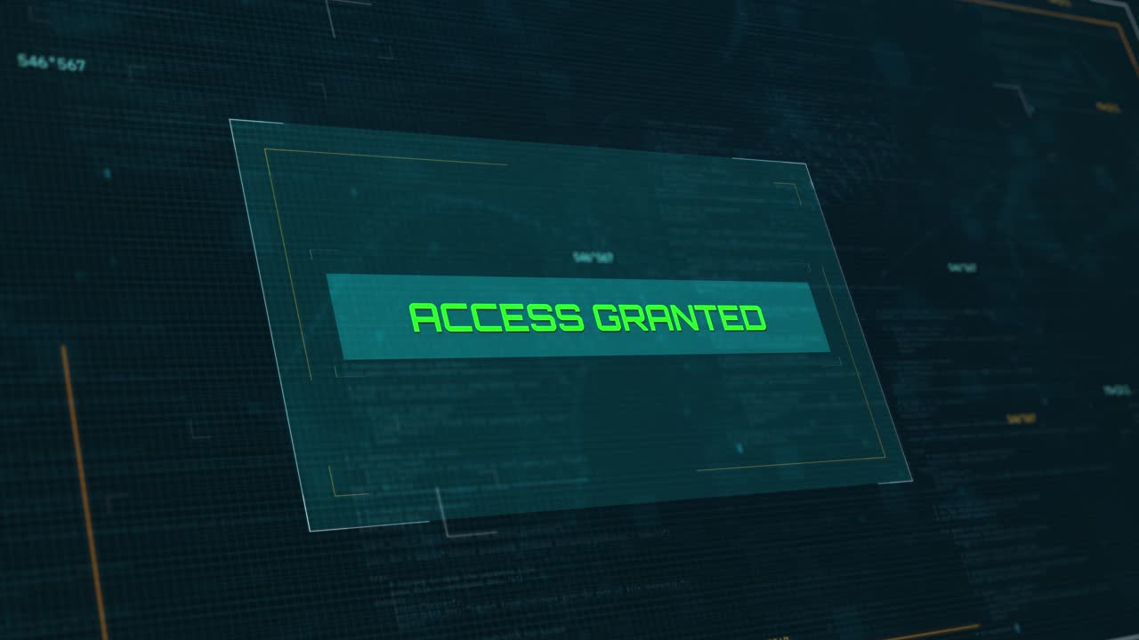 Access Granted Notification: Futuristic Loading Screen Animation for Cyber Security with Computer Code Background