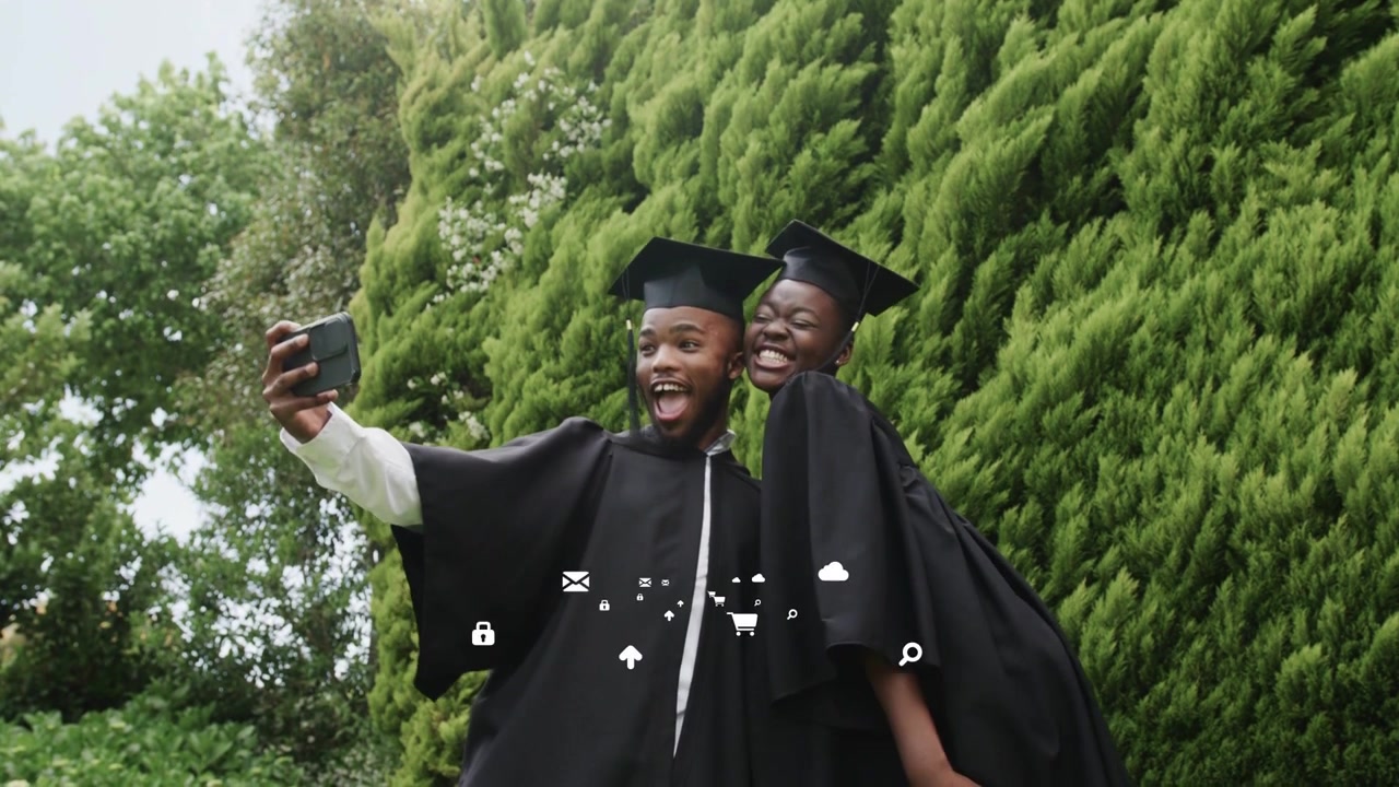 Man and woman grads talking, moving closer, taking phone selfies, with floating icons lower-center