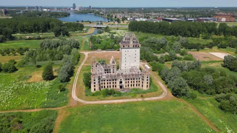 aerial drone parallax shot above an abandoned kastel of almere city, province flevoland, netherlands