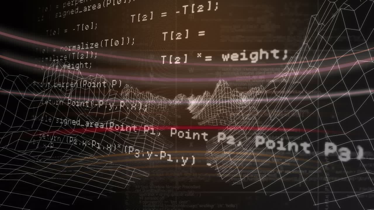 검은 바탕에 디지털 산 위의 데이터 처리의 애니메이션