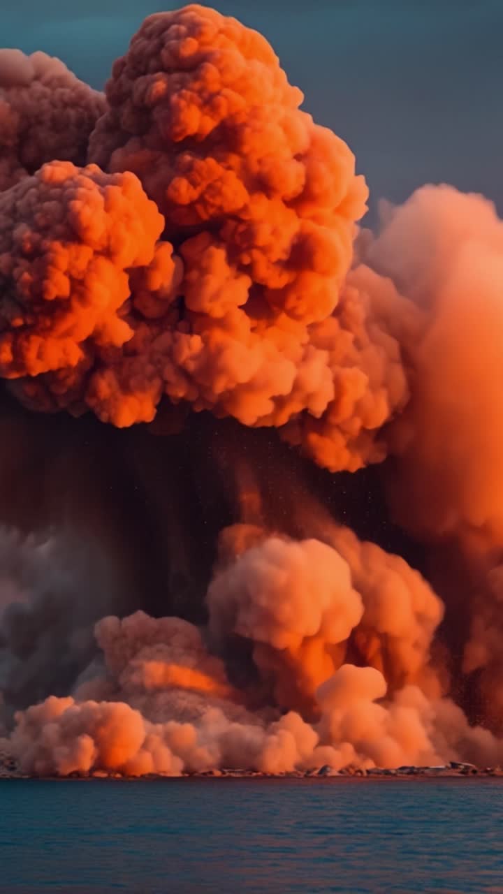 Ein dramatischer Ausbruch feuriger Wolken über Wasser: Eine atemberaubende Transformation, während explosive Kräfte eine umhüllende Darstellung von Farbe und Kraft erzeugen.