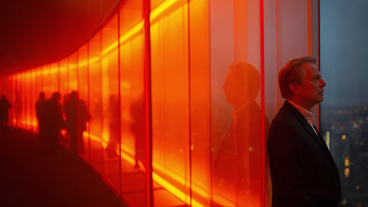 A Thoughtful Reflection: A Man Standing Solitary Against an Illuminated Orange Wall, Surrounded by Shadows and Echoes of Transient Figures in a Luminous Environment