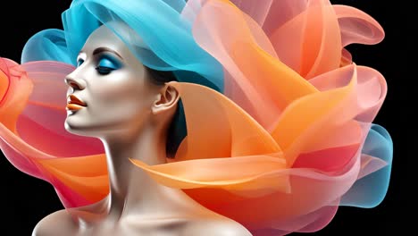 a woman with colorful flowing fabric around her head expressing creativity