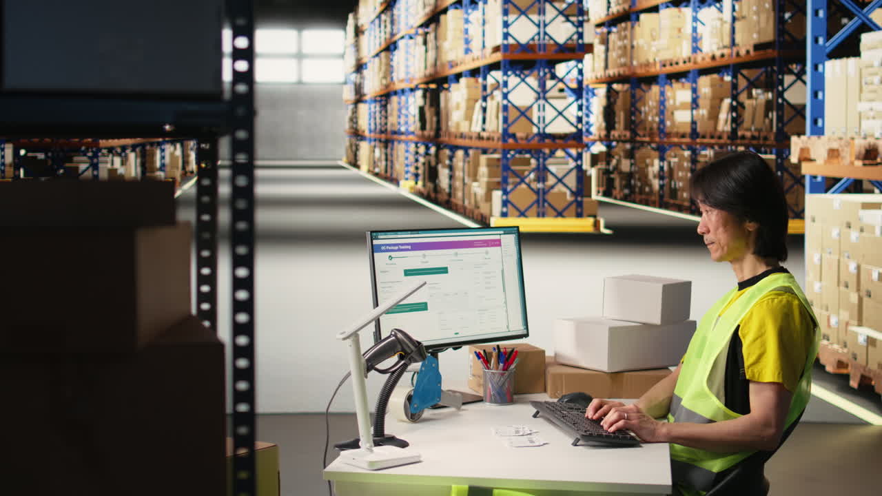 Vertical Video Asian depot worker processing orders and awb tracking numbers