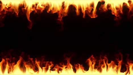 fire burning in slow motion. a fiery frame surrounding the screen from below and above on black isolated background. seamless loop 3d render