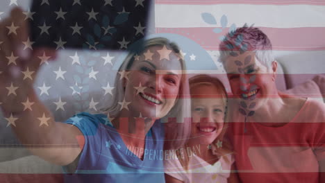 animación de la bandera de los estados unidos ondeando sobre una feliz familia caucásica.