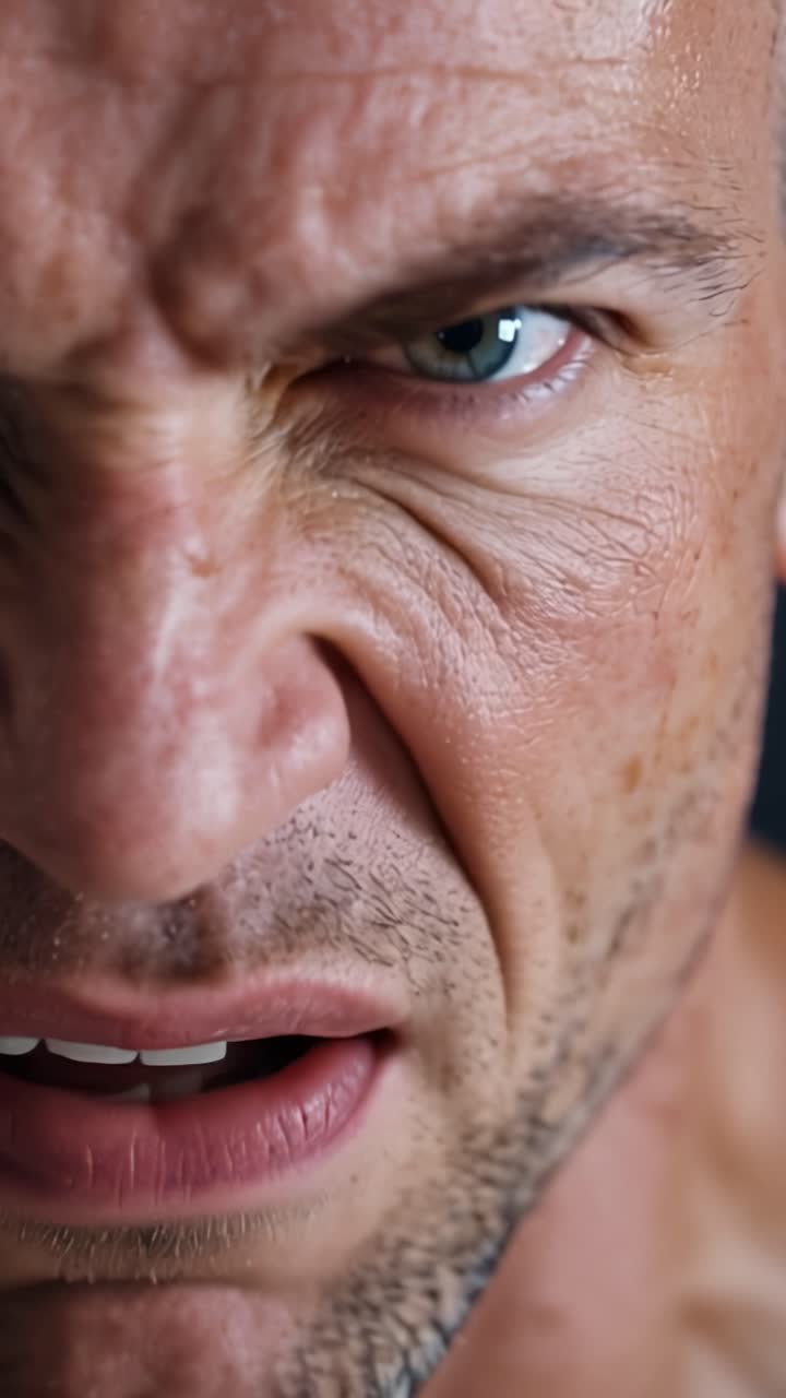Intense Close-Up of a Man's Face Showcasing Determination and Strength with Captivating Eye Contact and Striking Facial Features in Dramatic Lighting