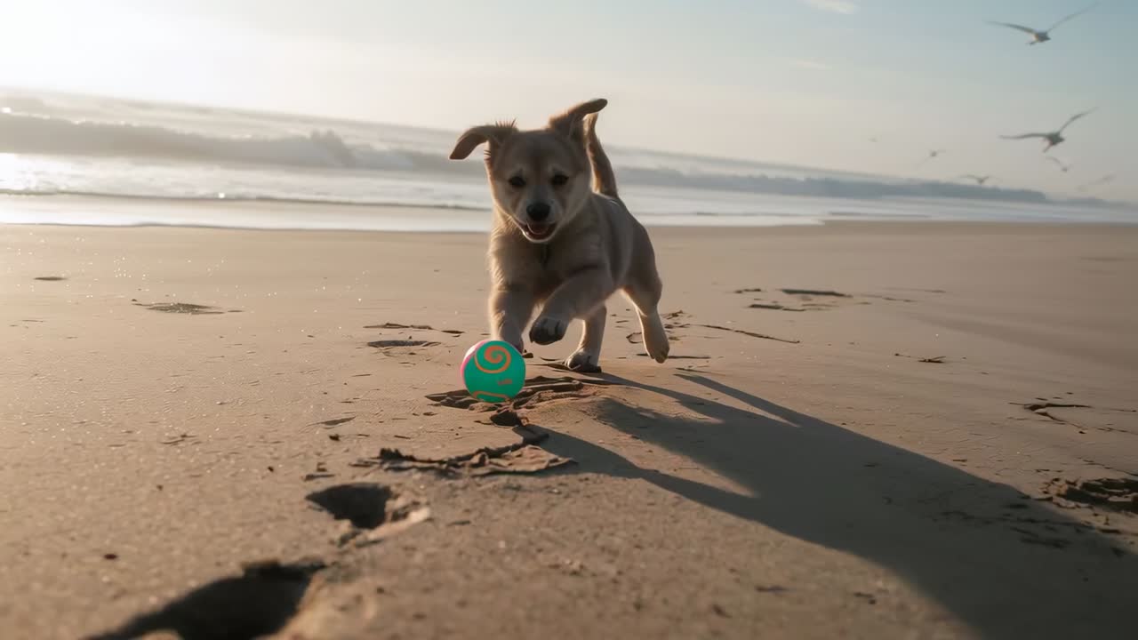 Cane piccolo color tan che gioca sulla riva sabbiosa inseguendo una palla verde a motivi che rotola, collare visibile