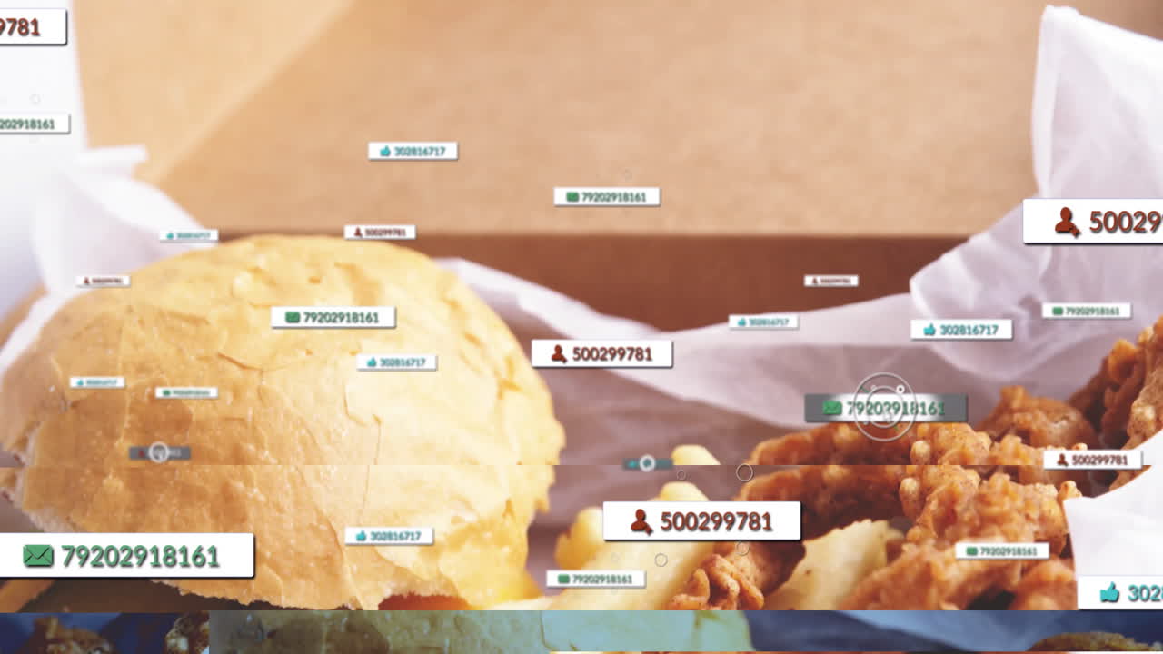 Animation overlaying data tags on burger and fried chicken in school setting
