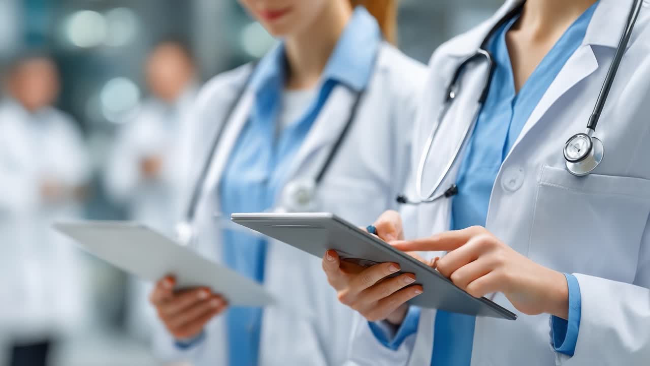 現代の臨床環境でデジタルデバイスを活用し、患者ケアに協力する2名の医療従事者。活動中の医療専門家。