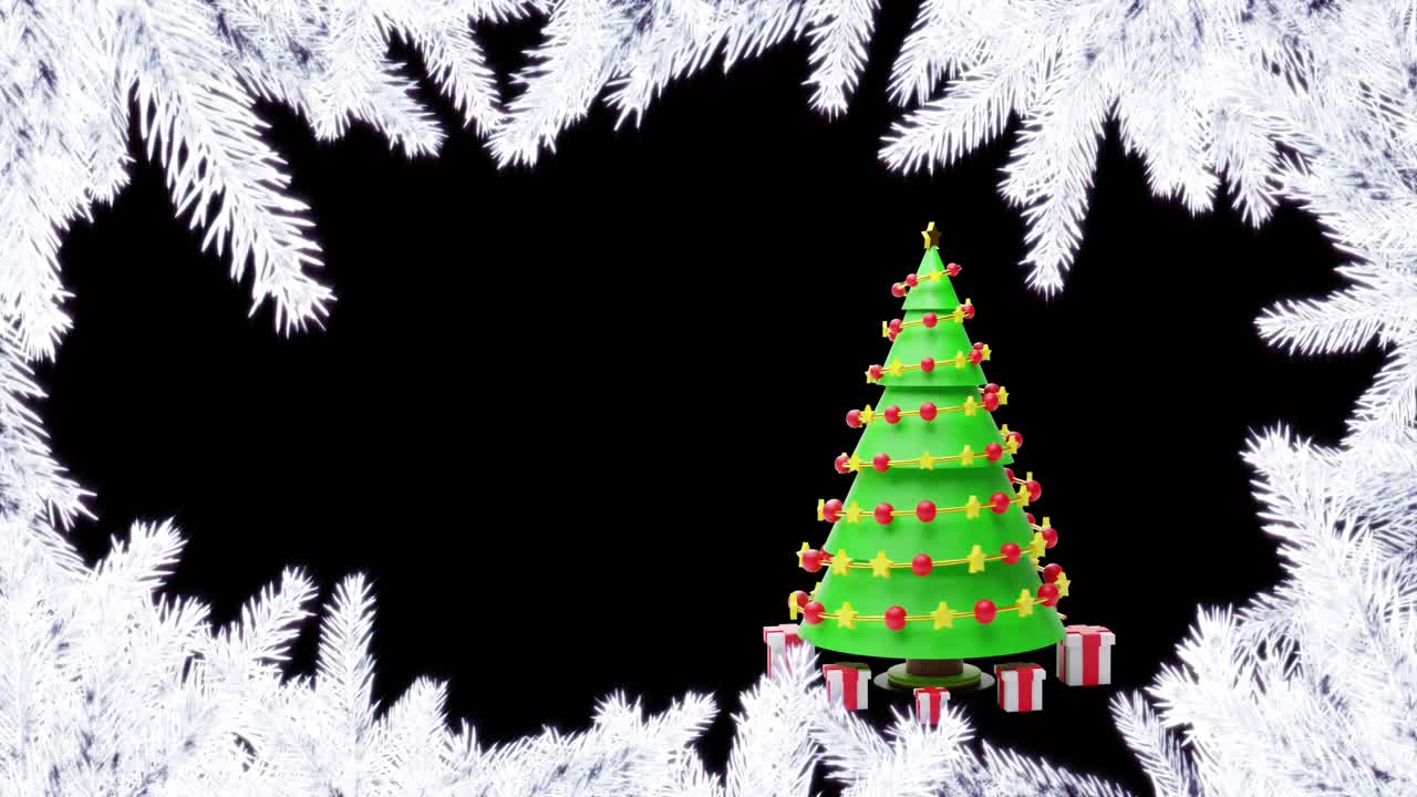 파란색 배경에 선물과 색 소나무 가지와 함께 회전하는 크리스마스 트리의 애니메이션