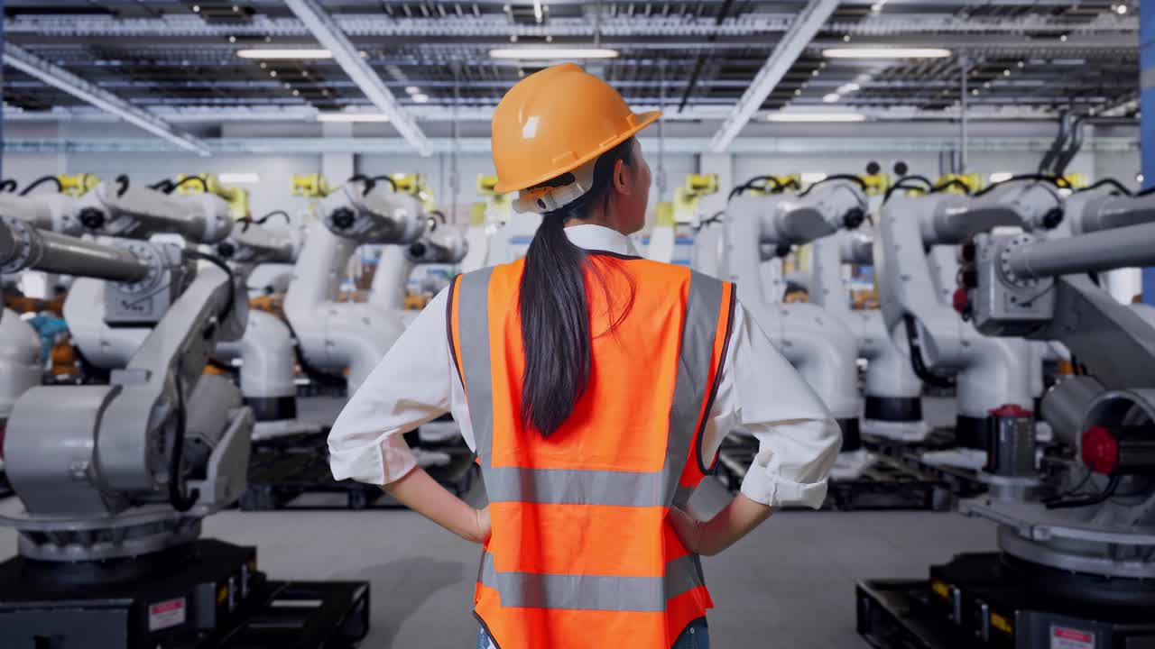 공장에서 산업용 로을 관찰하는 엔지니어