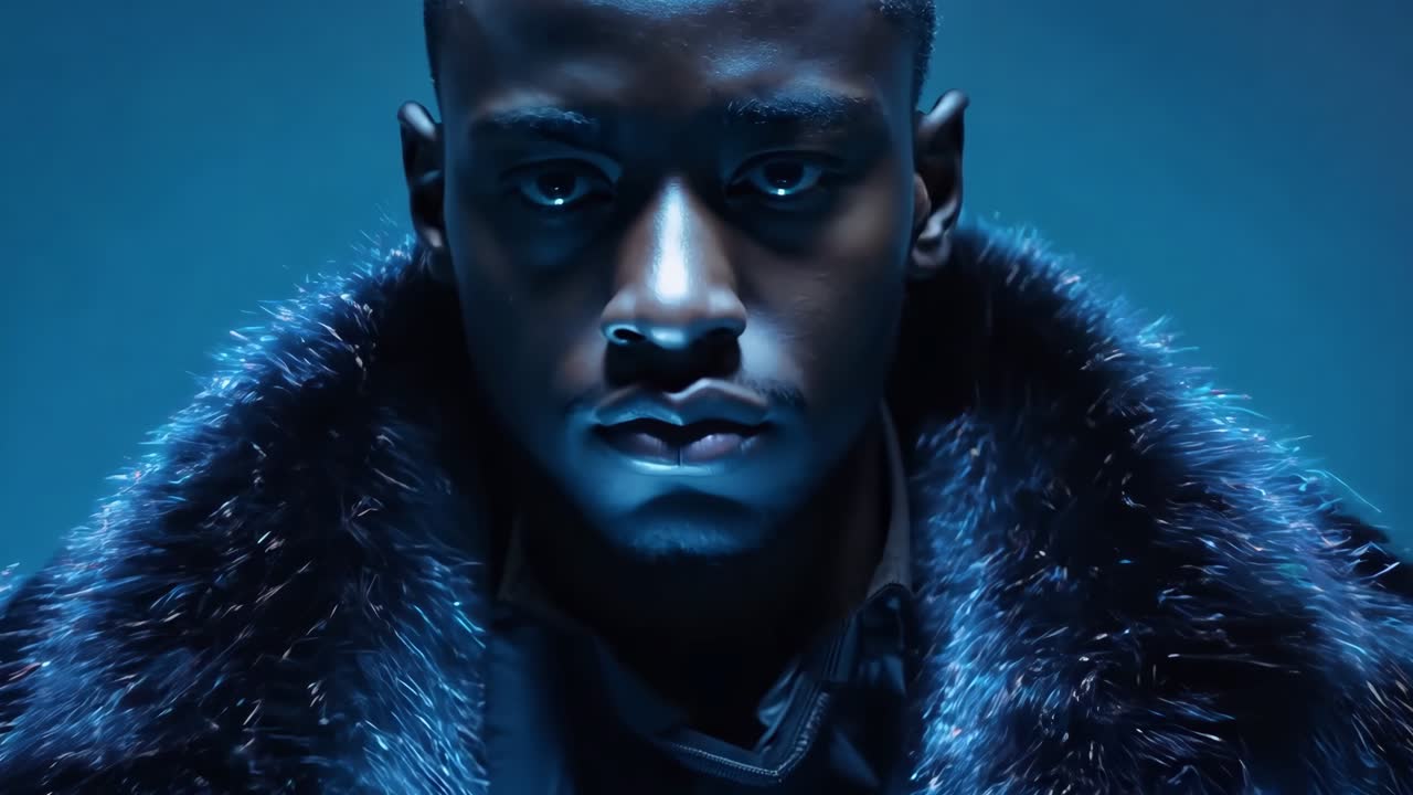 un hombre con un abrigo de piel con una luz azul en la cara