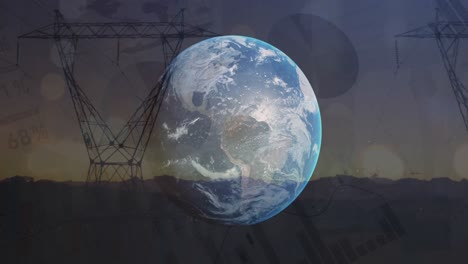animation of data processing and globe over electricity pylon