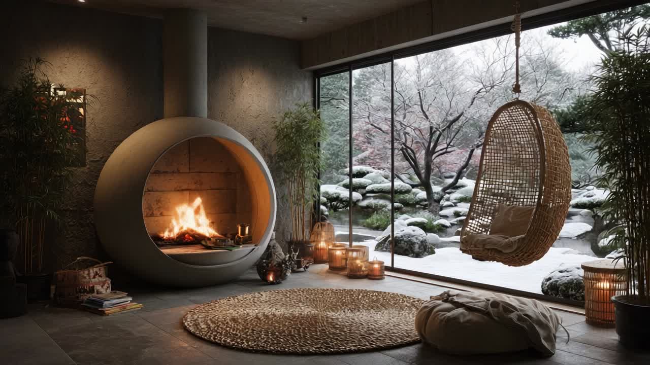 A Cozy Winter Retreat: Embrace the Warmth of a Modern Fireplace Set Against a Serene Snowy Landscape, Creating a Perfect Setting for Relaxation and Tranquility in a Contemporary Home