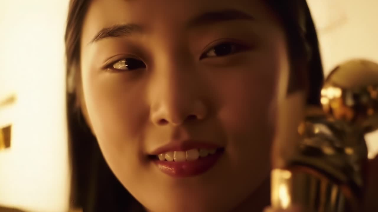 A young woman gazes at a gleaming trophy, her fingers gently tracing its contours as she reflects on achievement and dreams in this inspiring moment of triumph and hope