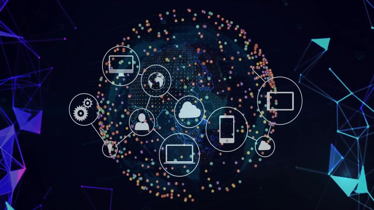 Rotating 3D data globe showing cloud icon appearing and linking multiple icons forming network
