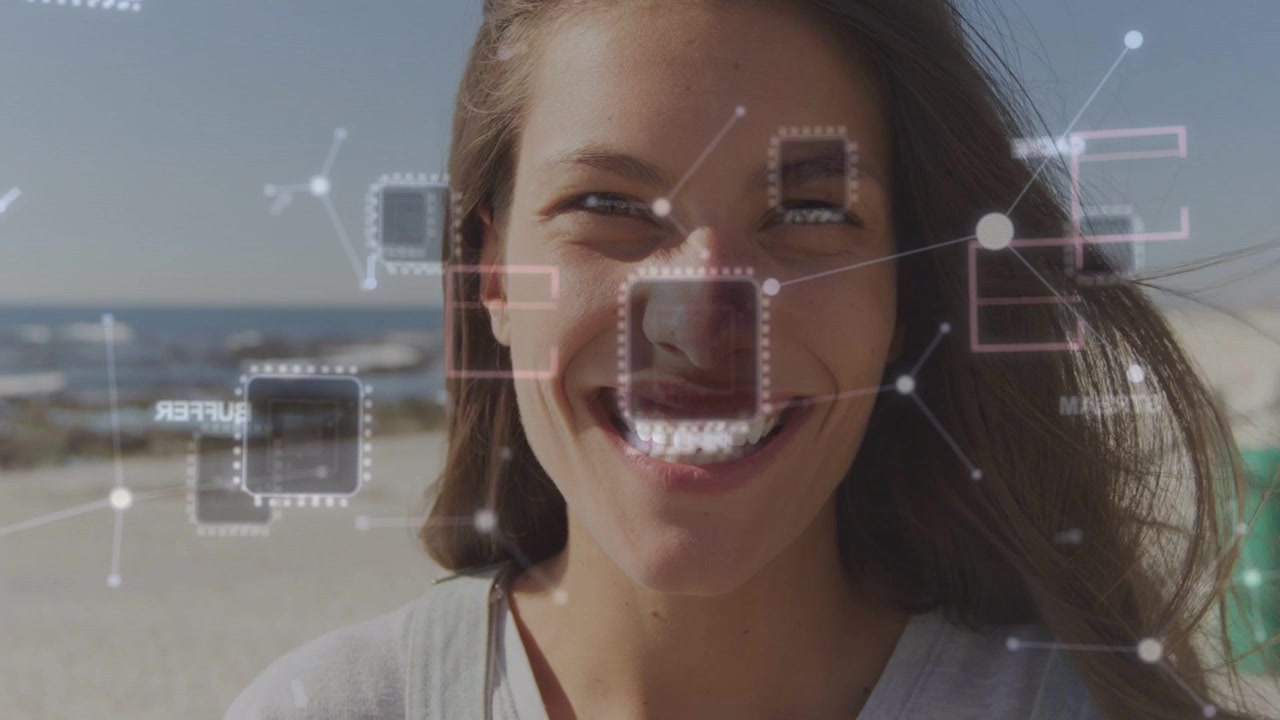 Woman facing shore, interface centering face and highlighting mouth, driving smile changes for tech