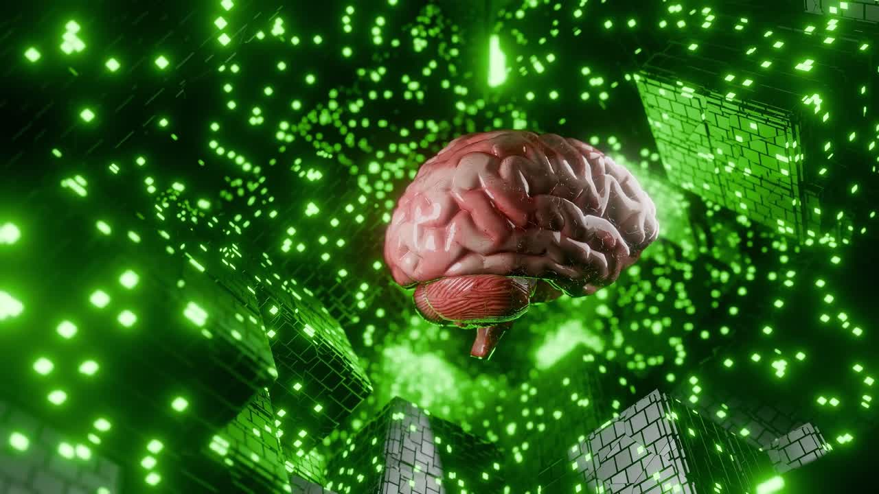 Human brain floating in digital cyber space with glowing green cubes and data particles. 3D render illustration. Artificial intelligence and neural network concept. Design for poster