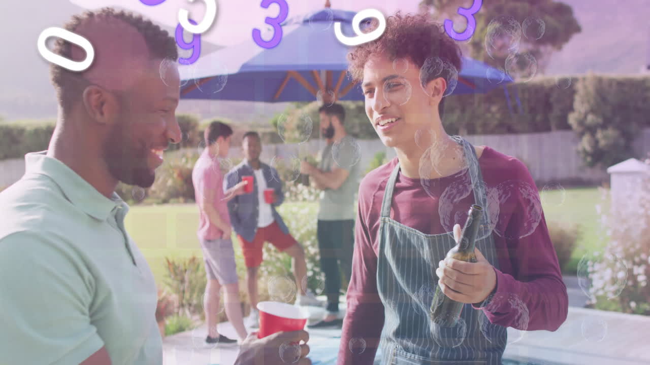 Animation of floating letters and bubbles during friends' outdoor barbecue gathering