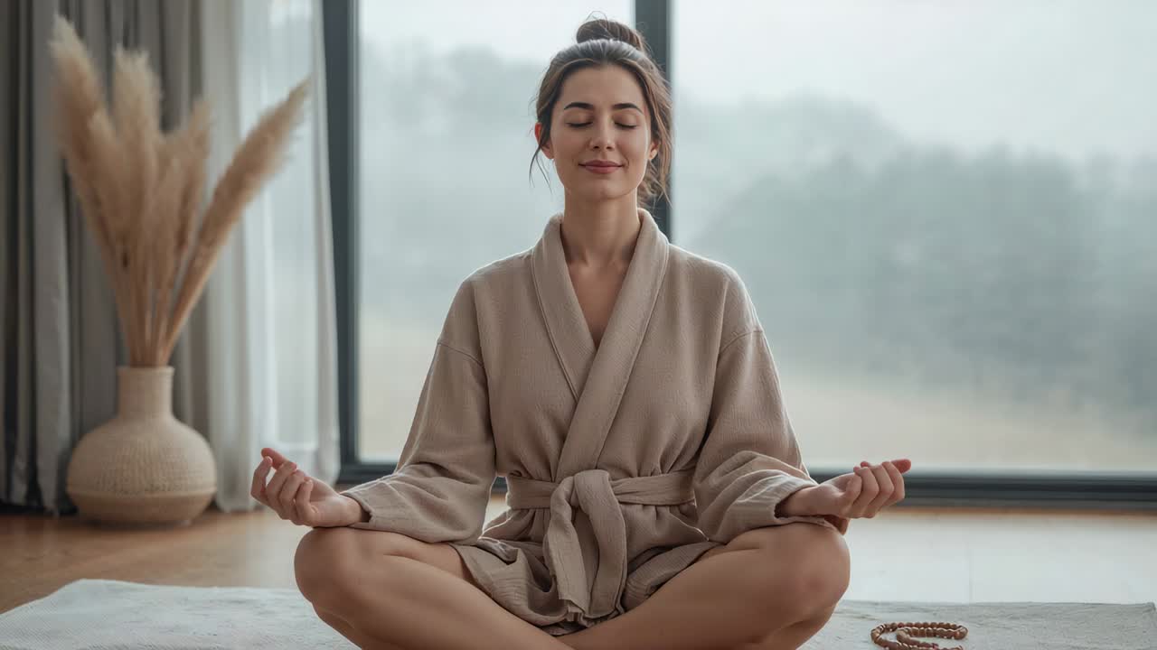 Femme en méditation portant une robe beige, faisant un mudra sur un tapis, la lumière du soleil traversant la fenêtre