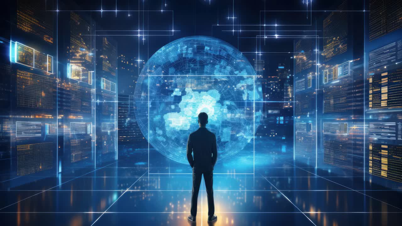 Futuristic video concept with a low-angle view of a silhouette facing a digital globe
