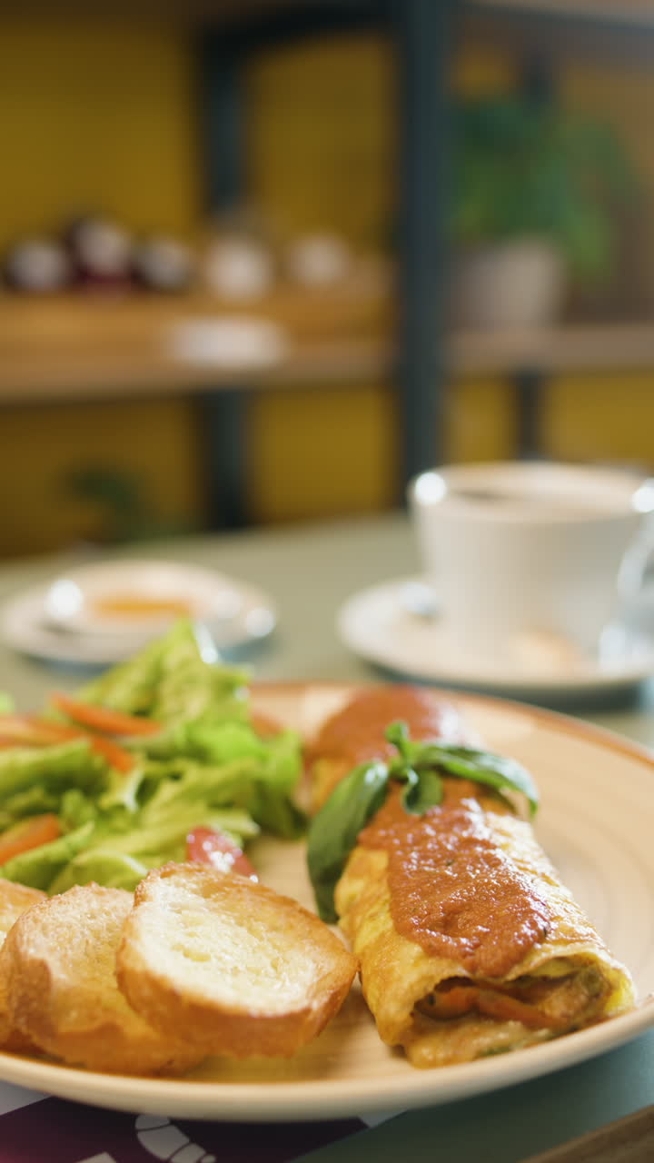 Close-up of an appetizing dish served with a rolled egg tortilla filled and covered with sauce, accompanied by a fresh vegetable salad and slices of bread