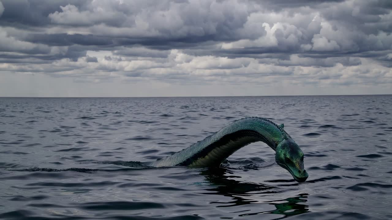 A dramatic video scene captures a sea serpent emerging from the ocean, shot from a low angle