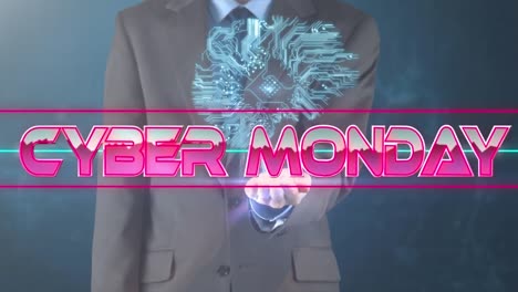 Animation-of-pink-metallic-text,-cyber-monday,-over-neon-lines,-on-businessman-and-motherboard