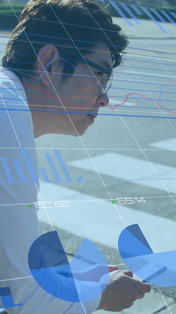 Animation of financial data processing over asian businessman