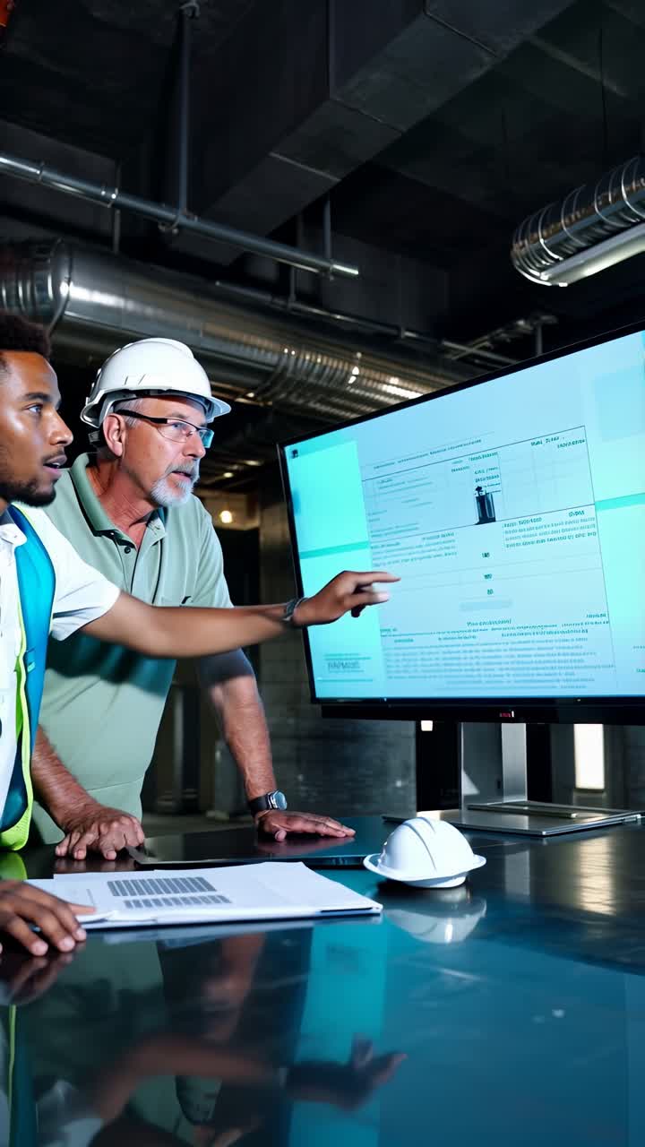 Two men are looking at a computer screen with a blue background