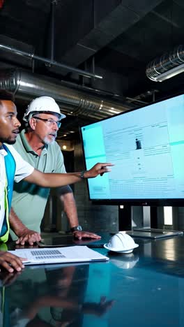 two men are looking at a computer screen with a blue background