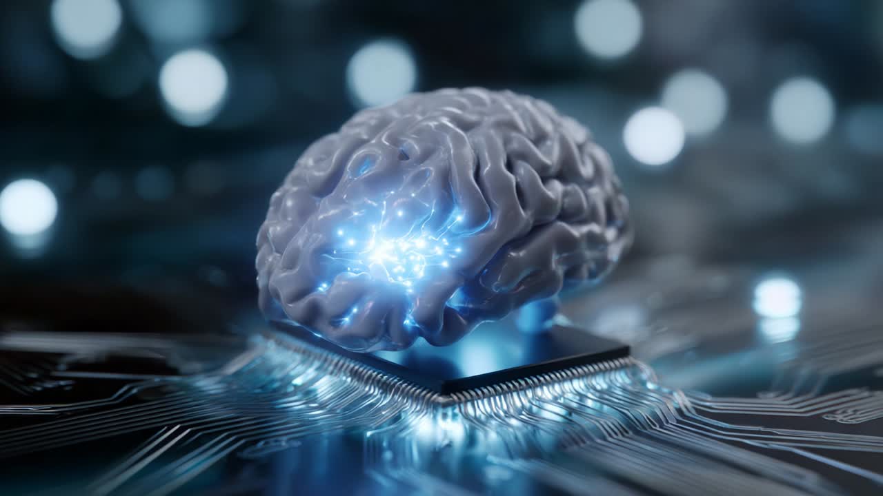 A Stunning Visualization of the Intersection Between Artificial Intelligence and Neuroscience: A Futuristic Brain Model Embedded on a Circuit Board Representing Advanced Neural Technologies
