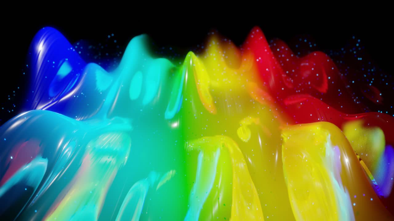 superficie 3d abstracta con hermosas olas, chispas luminosas y gradiente de colores brillantes, colores del arco iris. las olas corren en una superficie muy brillante y brillante con brillo brillante. animación en bucle 4k