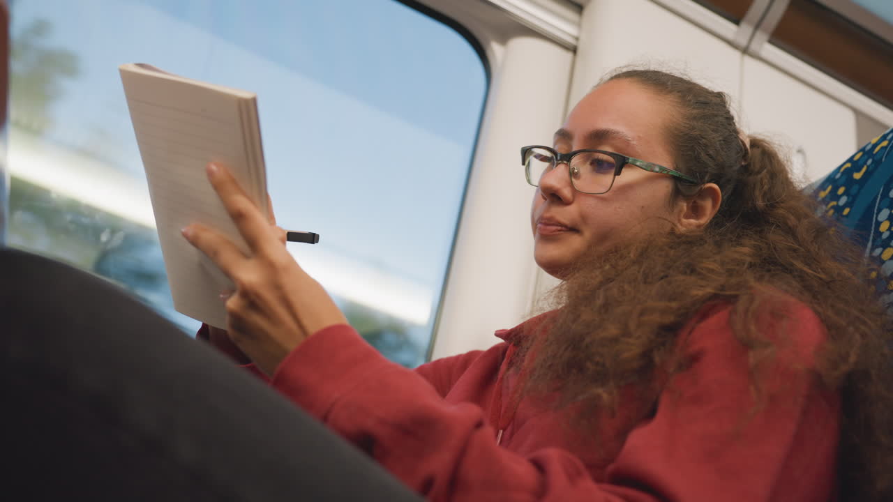 Giovane pendolare che legge un quaderno sul treno, concentrato e riflessivo, con capelli ricci e occhiali, maglione rosso, seduto vicino al finestrino mentre il paesaggio sfuma, sfoglia pagine e prende appunti, luce calda del pomeriggio.