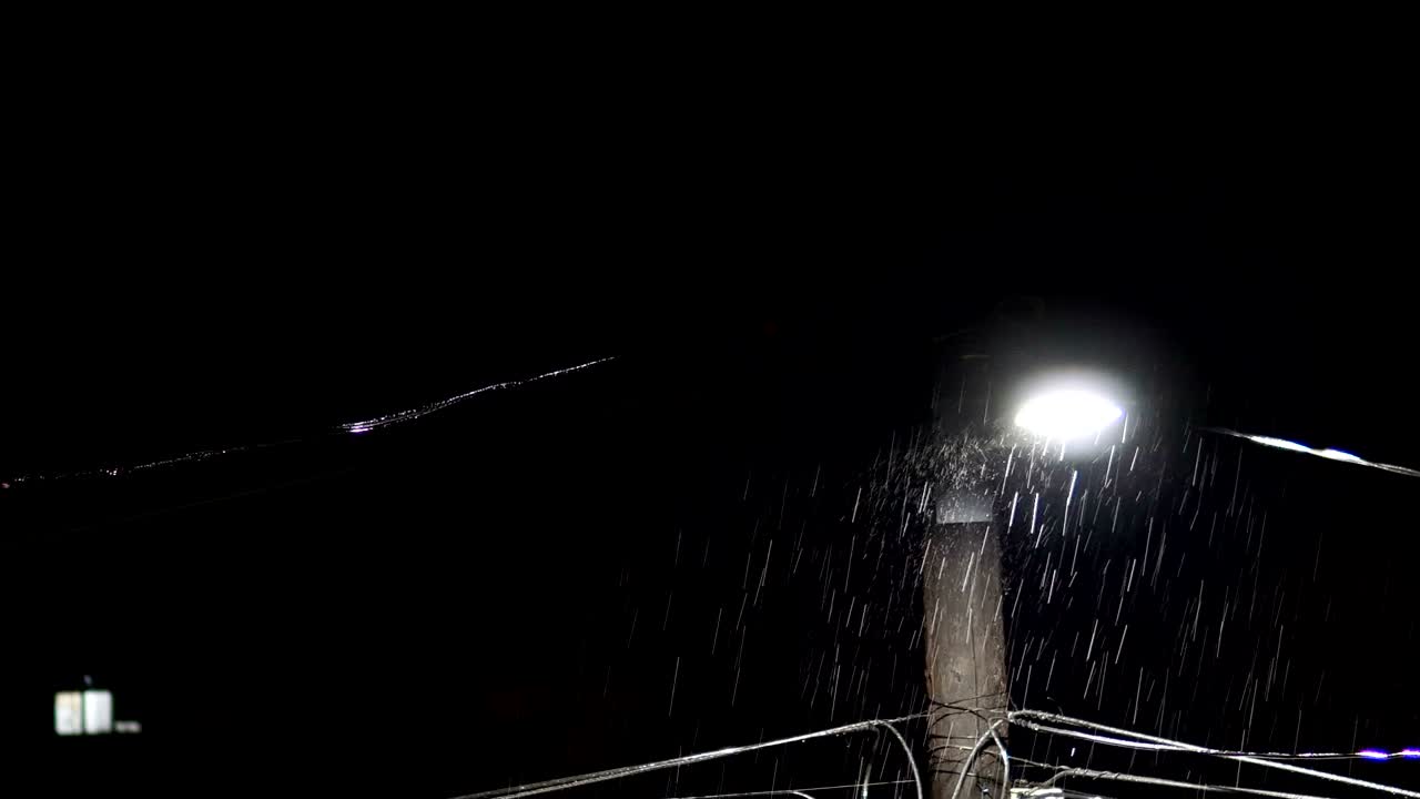 lluvia fuerte por la noche con luz de poste eléctrico. gotas de lluvia realistas con rayos de luz, bucle de fondo, sonido incluido