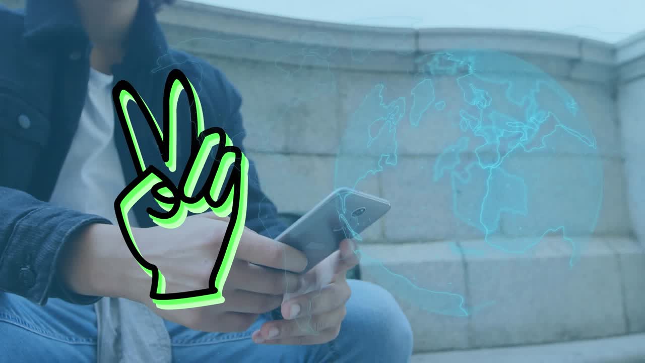 Animazione di un'icona a forma di mano e di un globo sopra un uomo che usa lo smartphone.