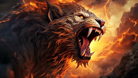 fierce mythical lion roaring amidst flames on a dramatic background