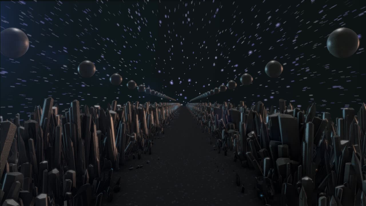 A road on another planet. Perspective. The runway. Stars, meteorites, asteroids. Space. Fantasy. The span over the strip Diamonds stones